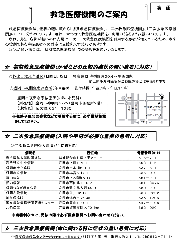 町休日救急当番医のお知らせ（R7.7月～9月）裏面