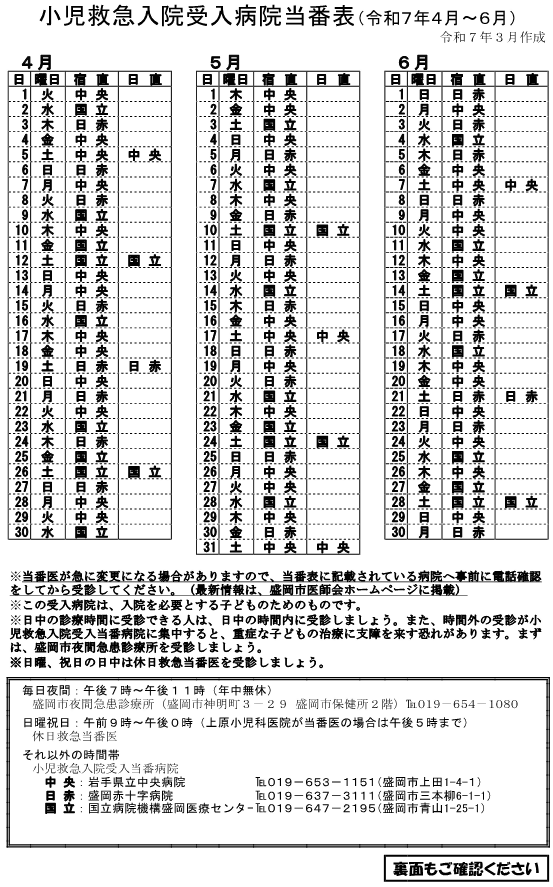 小児救急入院受入病院当番（R7.4月～6月）表面