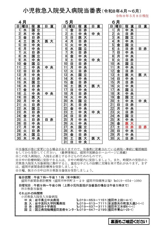 小児救急入院受入病院当番(R8.4月~6月)変更 小児救急入院受入病院当番(R8.4月~6月)変更