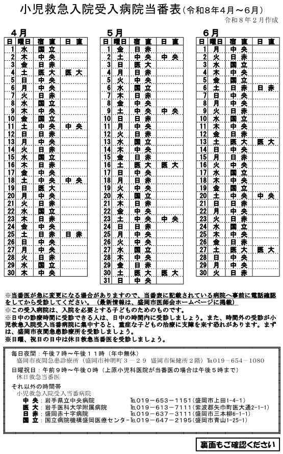 小児救急入院受入病院当番（R8.4月～6月）表面